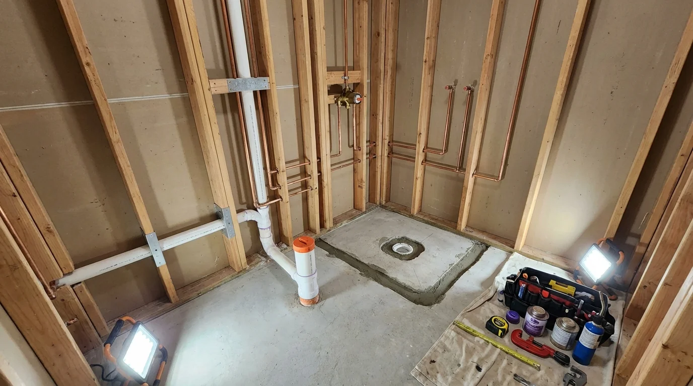 Bathroom rough-in plumbing during remodel by Johns Plumbing LLC in Shinnston