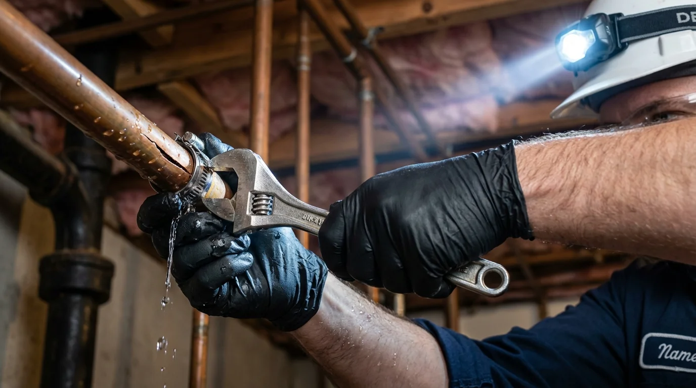 Emergency pipe clamp repair being performed by a Johns Plumbing LLC plumber in Shinnston