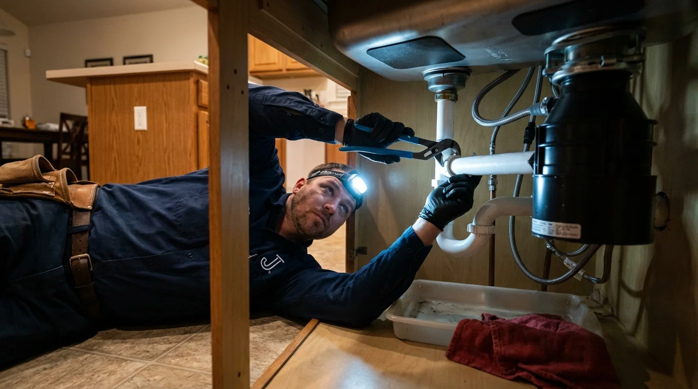 P-trap and supply line connections under a kitchen sink showing a common leak point in Shinnston, WV
